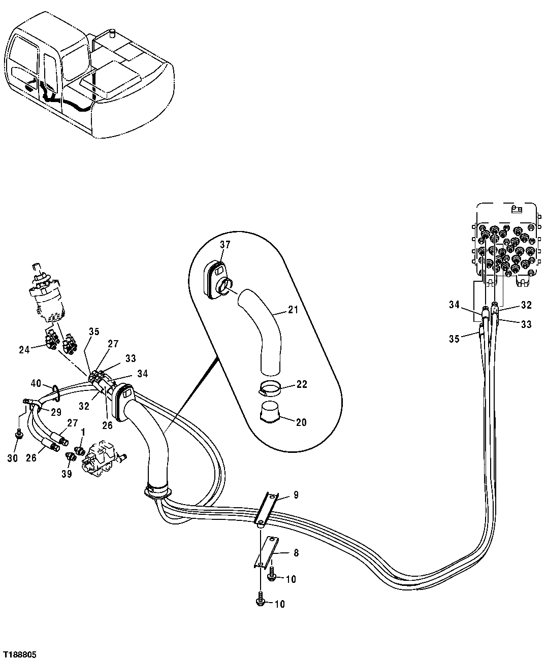 Схема запчастей John Deere 20C - 241 - PILOT HOSES (LEFT CONTROLLER TO SIGNAL MANIFOLD, SHUTOFF VALVE) 3363 LINES, HOSES & FITTINGS