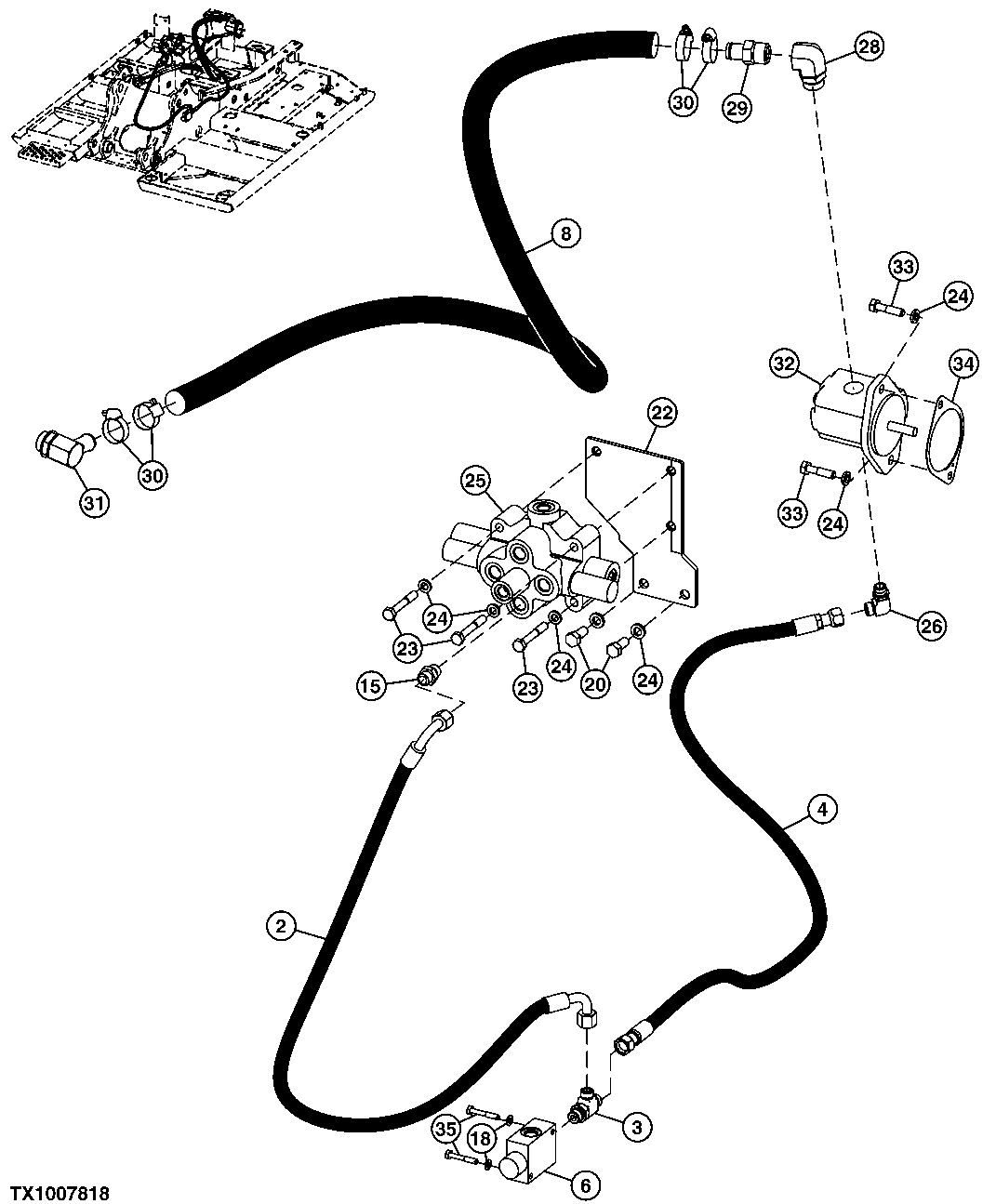 Схема запчастей John Deere 20C - 252 - Blade Hydraulic Hoses (Pump To Relief Valve, To Control Valve) 3363 LINES, HOSES & FITTINGS