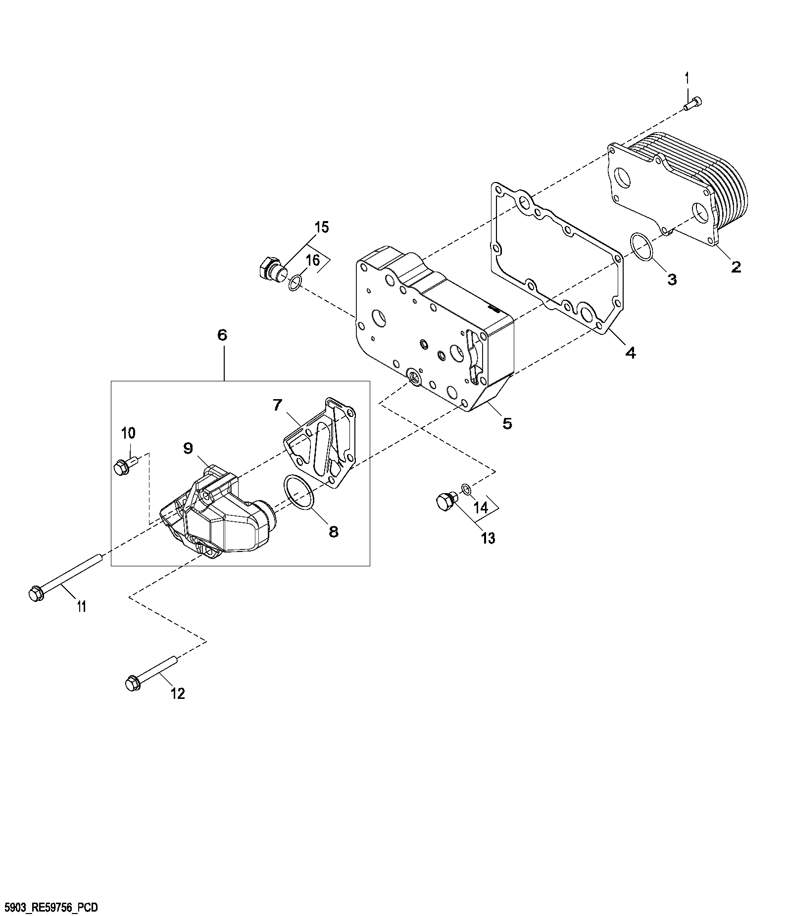 Схема запчастей John Deere 70CLC - 61 - 5903 Engine Oil Cooler 0400A 270C LC EXCAVATOR 6068HT055-RE507964 6068HT055