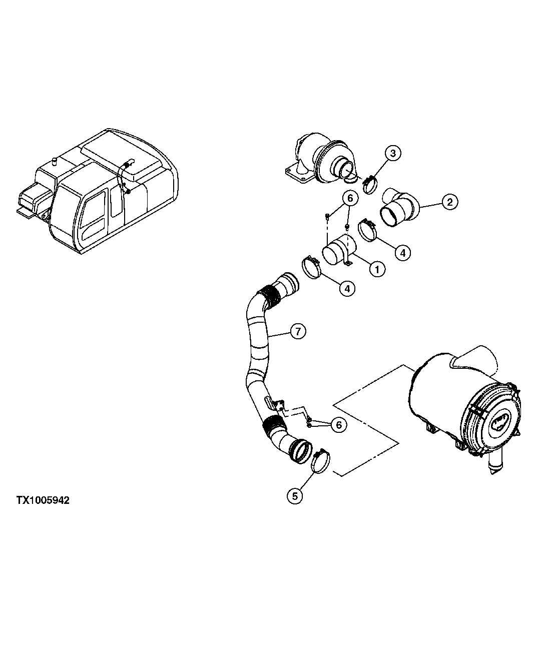 Схема запчастей John Deere 70CLC - 148 - AIR CLEANER HOSES AND PIPE 0520 INTAKE SYSTEM