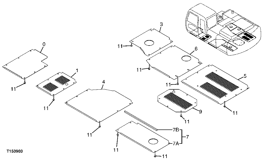 Схема запчастей John Deere 70CLC - 232 - BOTTOM PROTECTION COVERS 1910 HOOD OR ENGINE ENCLOSURE
