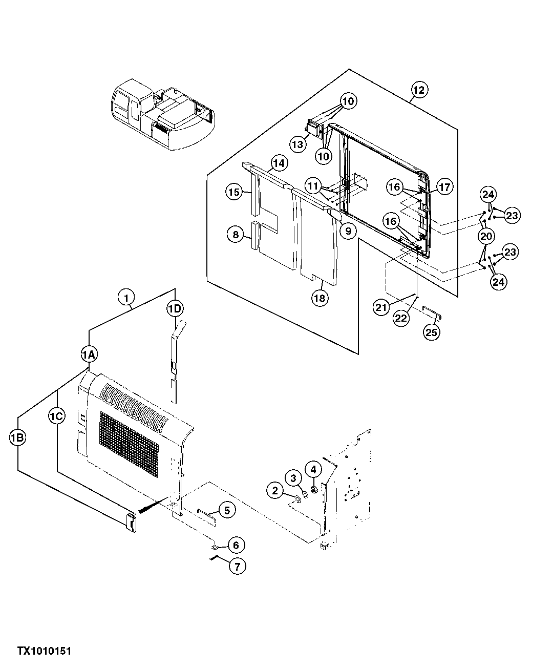 Схема запчастей John Deere 70CLC - 234 - COOLING PACKAGE AND HYDRAULIC PUMP COMPARTMENT DOORS 1910 HOOD OR ENGINE ENCLOSURE