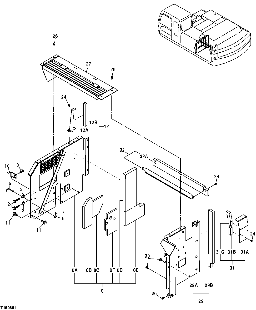 Схема запчастей John Deere 30CLC - 246 - Cover, Battery and Radiator Compartment 1910 HOOD OR ENGINE ENCLOSURE