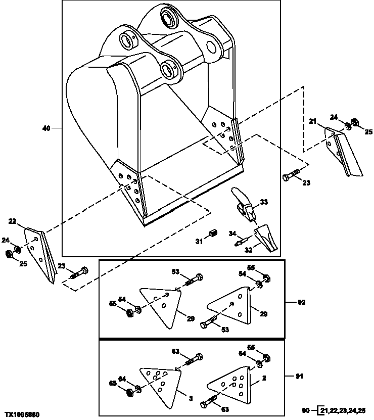 Схема запчастей John Deere 30CLC - 289 - Super Long Front Bucket (36 in.) 3302 BUCKET WITH TEETH