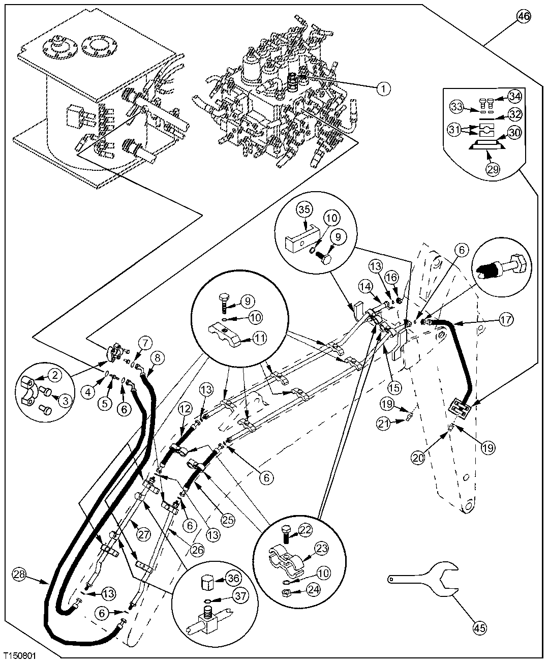Схема запчастей John Deere 30CLC - 390 - AUXILIARY HYDRAULIC LINE (ONE WAY FLOW - HAMMERS) 3360 HYDRAULIC SYSTEM
