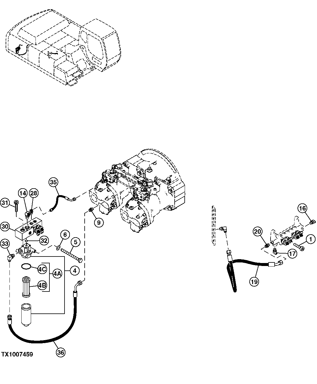 Схема запчастей John Deere 30CLC - 340 - PILOT LINES AND FILTER AT PUMP 3360 HYDRAULIC SYSTEM