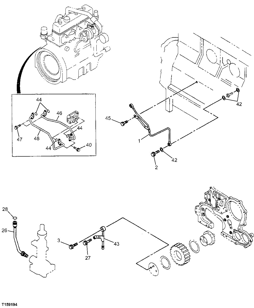 Схема запчастей John Deere 60C LC - 28 - ENGINE OIL AND VACUUM LINES 0407 ENGINE OILING SYSTEM