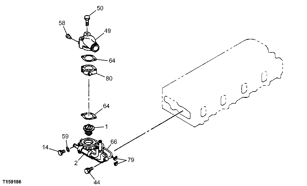 Схема запчастей John Deere 60C LC - 39 - THERMOSTAT AND HOUSING 0418 THERMOSTAT, HOUSING & WATER PIPING