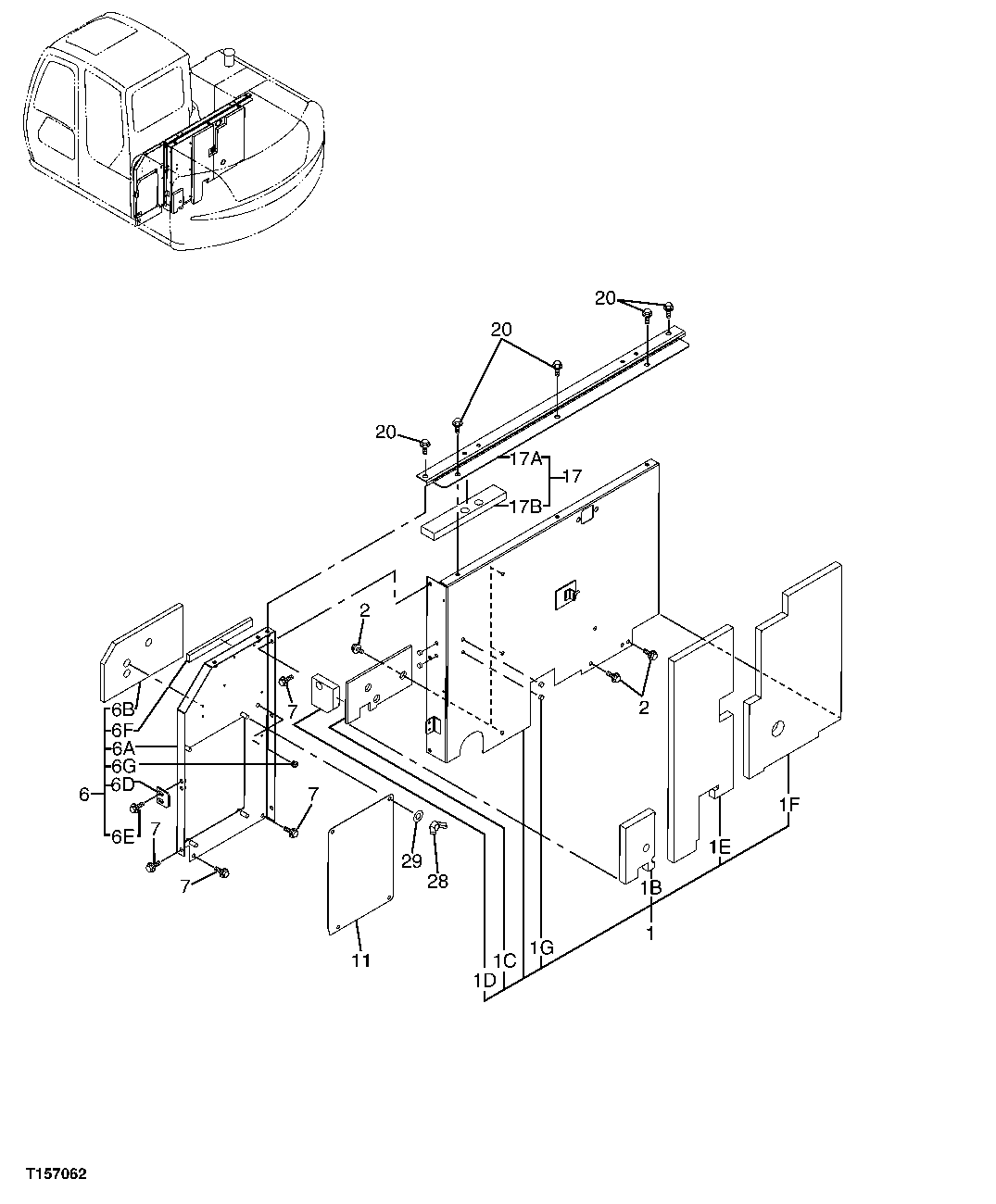 Схема запчастей John Deere 60C LC - 123 - ENGINE AND COOLING PACKAGE COMPARTMENT FRONT PANELS 1910 HOOD OR ENGINE ENCLOSURE