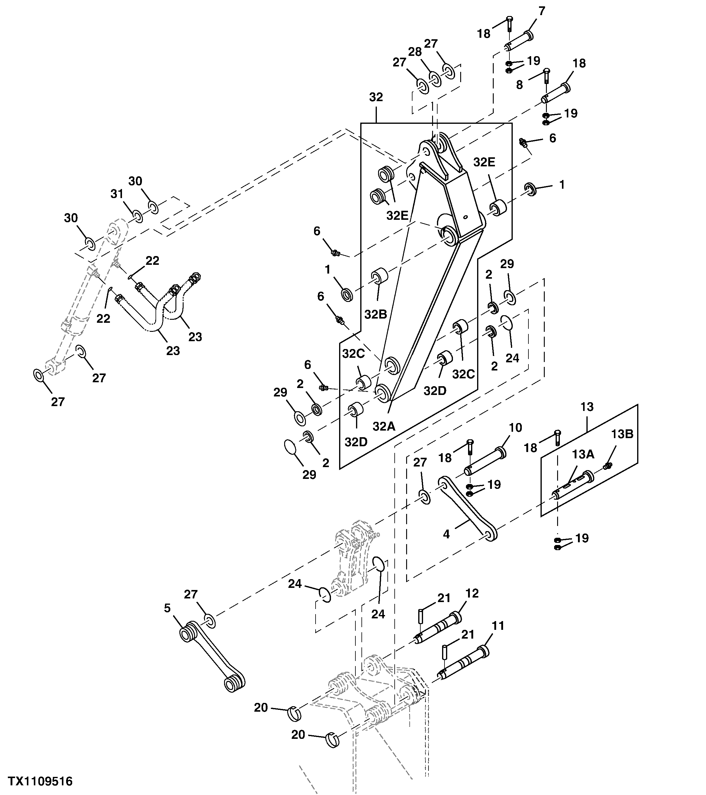 Схема запчастей John Deere 60C LC - 163 - Standard Arm, 1.62m Offset Boom 3340 EXCAVATOR FRAMES