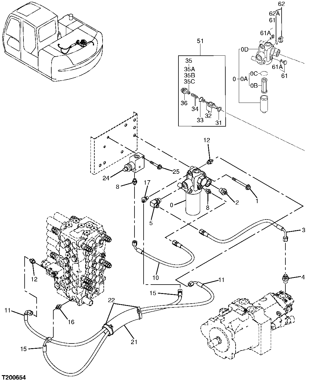 Схема запчастей John Deere 60C LC - 226 - PILOT HOSES(HYDRAULIC PUMP TO PILOT FILTER AND CONTROL VALVE) 3363 LINES, HOSES AND FITTINGS