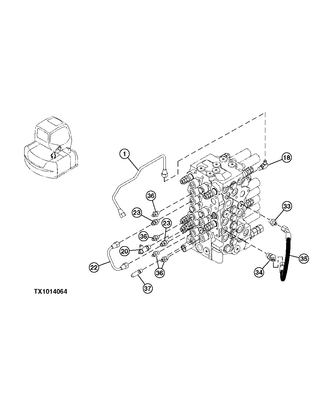 Схема запчастей John Deere 60C LC - 231 - PILOT LINES (CONTROL VALVE FRONT TO CONTROL VALVE REAR) 3363 LINES, HOSES AND FITTINGS