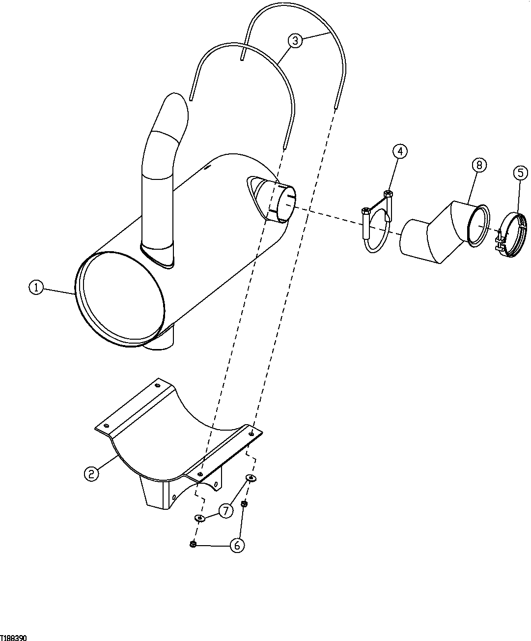 Схема запчастей John Deere 2054 - 74 - EXHAUST PIPE, MUFFLER AND BRACKET 0530 EXTERNAL EXHAUST SYSTEMS