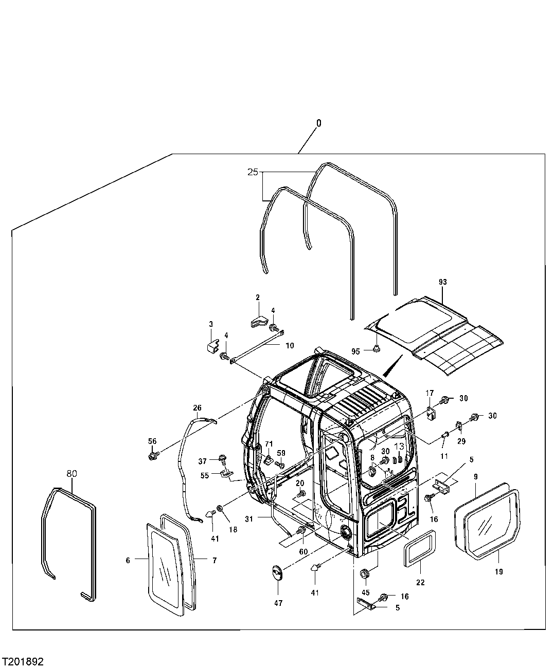Схема запчастей John Deere 2054 - 110 - CAB LEFT AND REAR WINDOWS, ROOF AND HANDRAIL 1810 OPERATOR ENCLOSURE