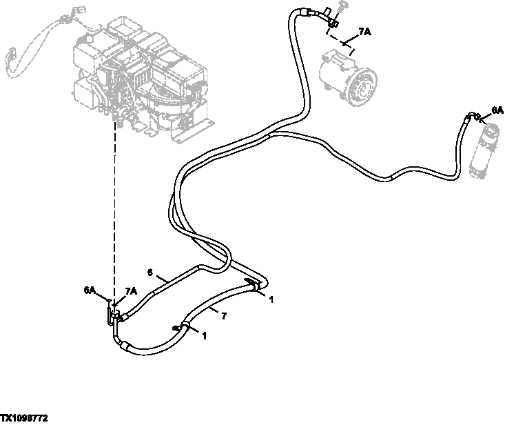Схема запчастей John Deere 2054 - 135 - REFRIGERANT HOSES (HVAC UNIT TO COMPRESSOR AND RECEIVER/DRYER) 1830 HEATING AND AIR CONDITIONING