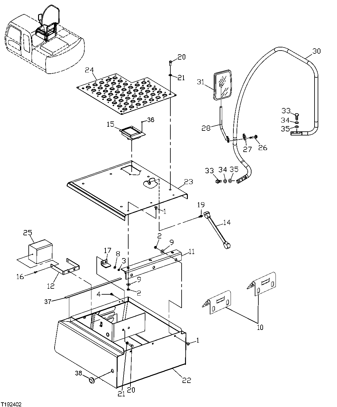 Схема запчастей John Deere 2054 - 144 - TOOL BOX, COVER, AND RIGHT FRONT HANDRAIL 1910 HOOD OR ENGINE ENCLOSURE