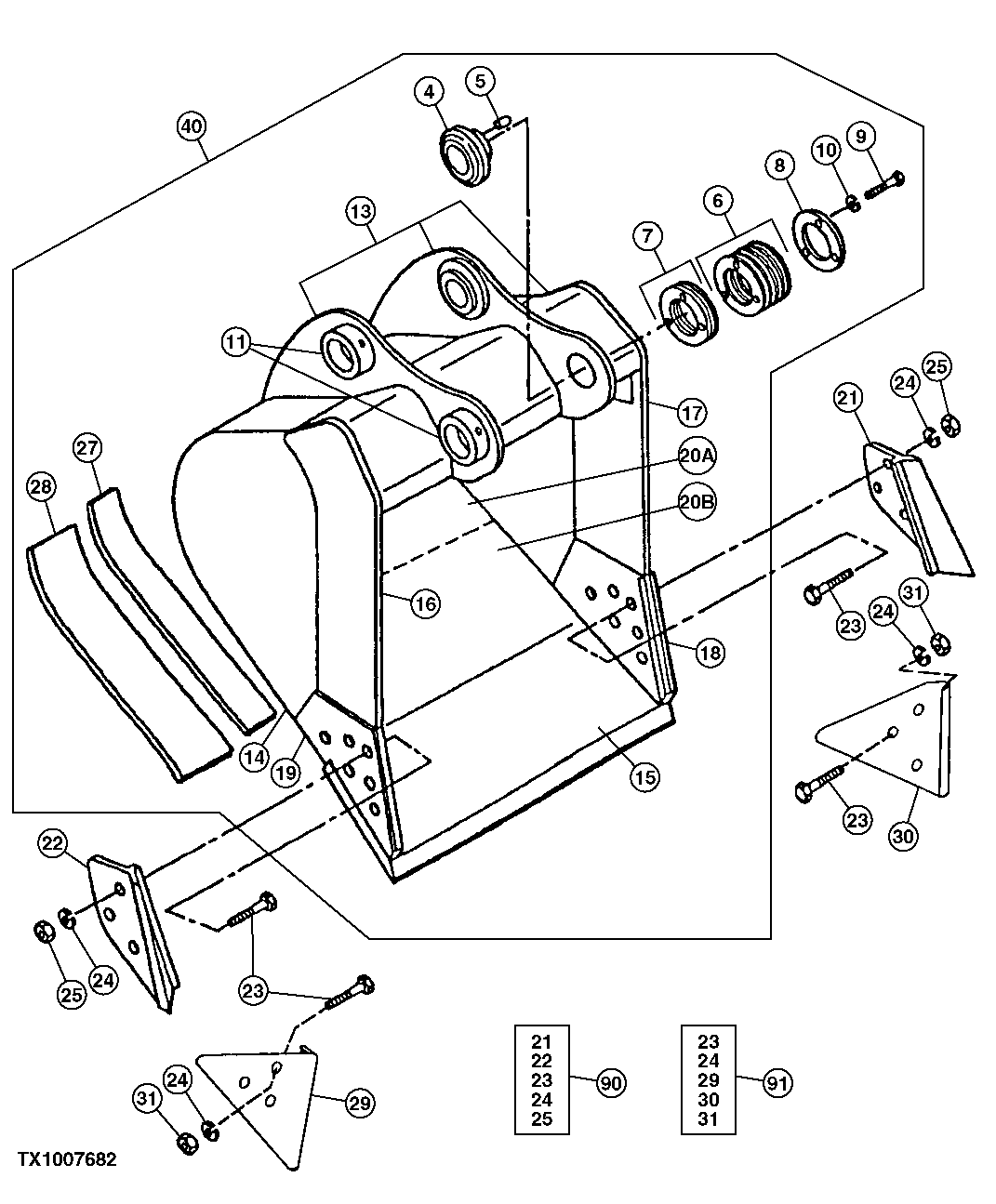 Схема запчастей John Deere 2054 - 153 - GENERAL PURPOSE BUCKET (SEE FOOTNOTE) 3302 BUCKET WITH TEETH