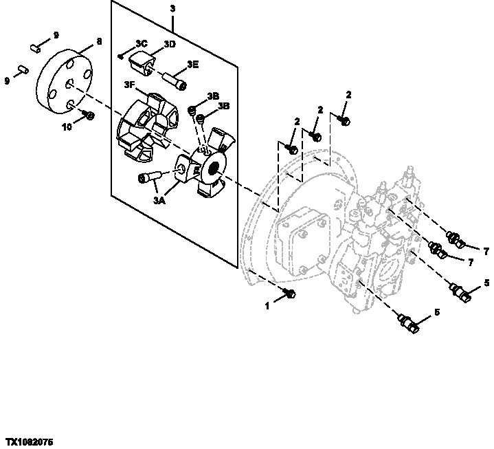 Схема запчастей John Deere 2054 - 200 - MAIN HYDRAULIC PUMP MOUNTING AND COUPLER 3361 HYDRAULIC PUMP