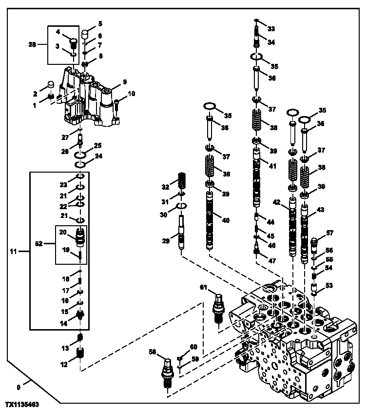Схема запчастей John Deere 2054 - 212 - CONTROL VALVE COMPONENTS (TOP SPOOLS, 4 SPOOL SIDE) 3362 CONTROL & LOAD HOLDING VALVES