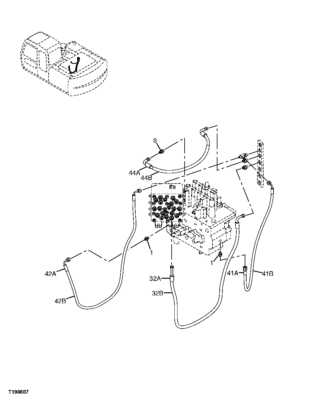 Схема запчастей John Deere 2054 - 241 - PILOT HOSES (OIL TANK TO CONTROL VALVE, SIGNAL MANIFOLD) 3363 LINES, HOSES & FITTINGS