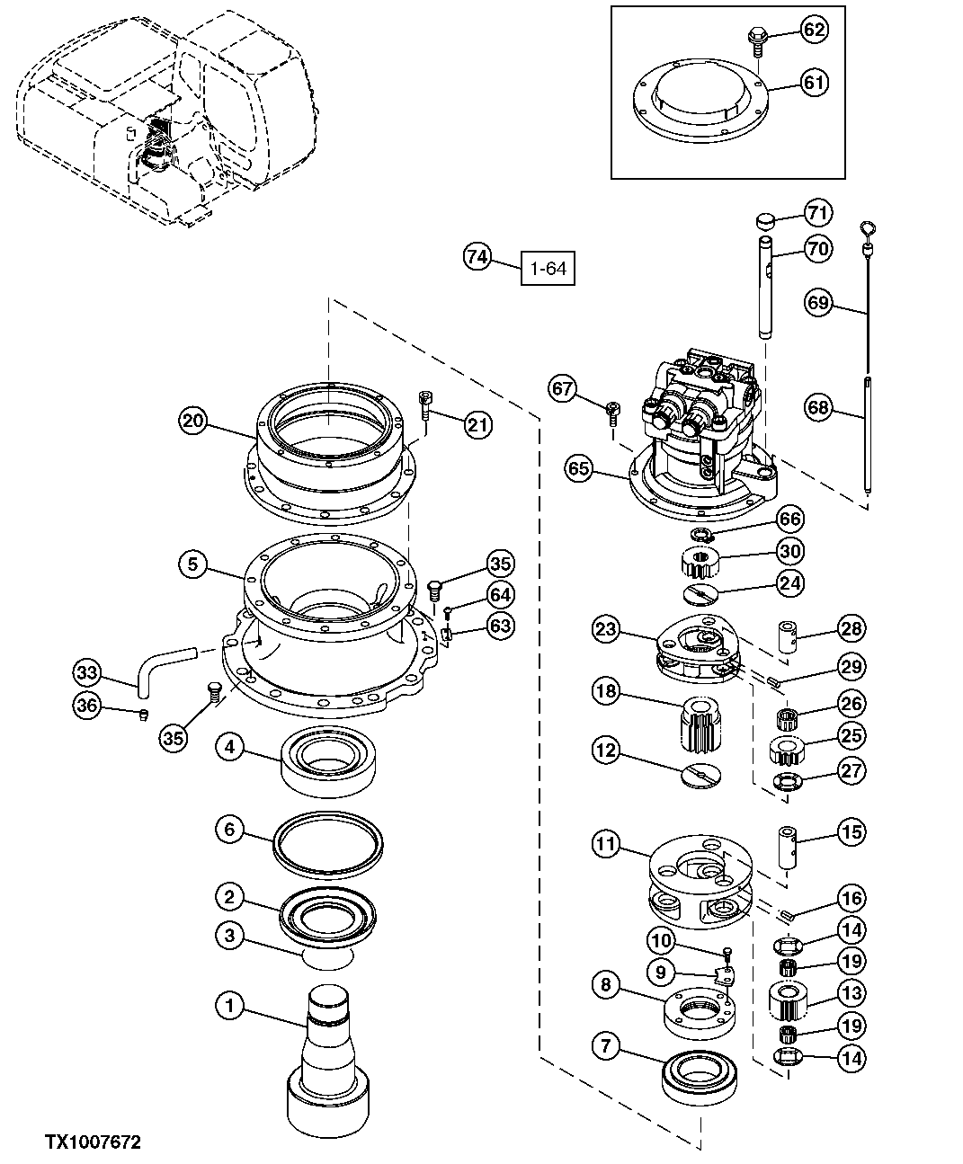 Схема запчастей John Deere 2054 - 259 - SWING GEARBOX COMPONENTS AND DIPSTICK 4360 HYDRAULICS