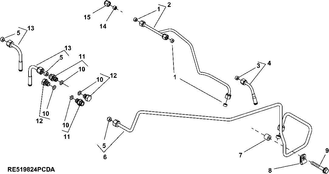 Схема запчастей John Deere 554 - 100 - 3704 FUEL LINES, LOW PRESSURE 0400B Engine 6068HT059-RE519692 6068HT059