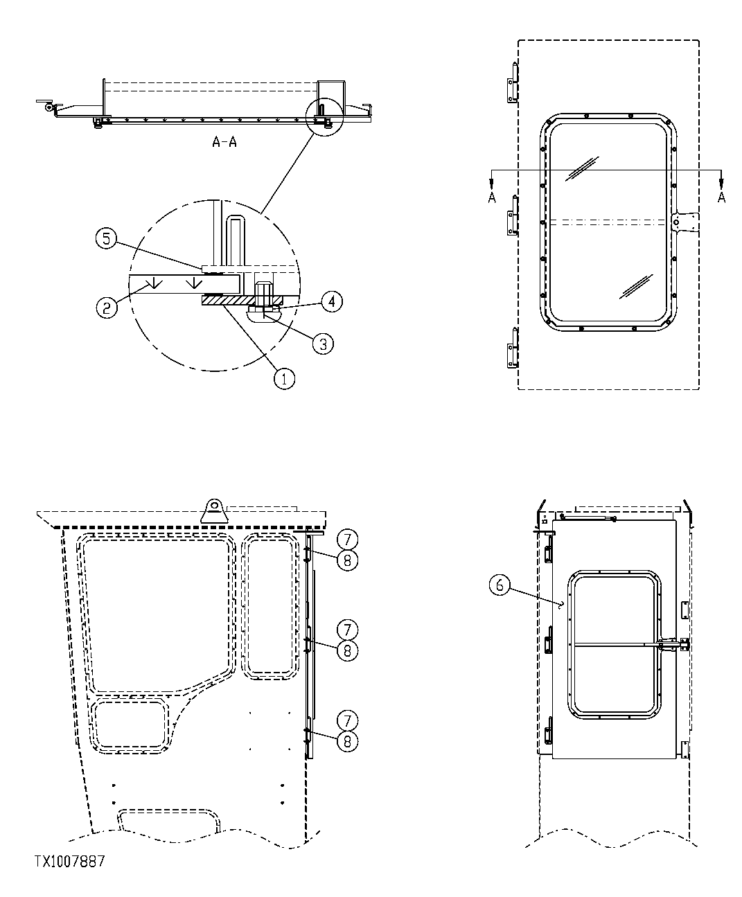 Схема запчастей John Deere 554 - 404 - REAR ENTRY CAB DOOR AND WINDOW 1810C REAR ENTRY CAB