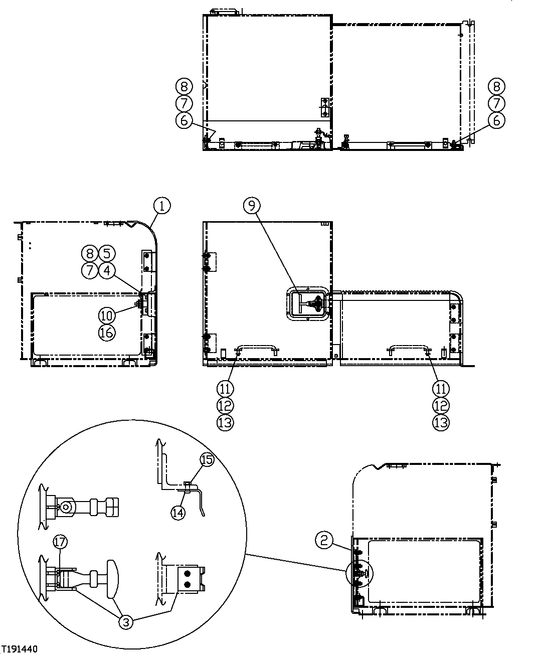 Схема запчастей John Deere 554 - 439 - TOOLBOX DOOR, LATCH AND LOCK (SN -200065) 1910 HOOD OR ENGINE ENCLOSURE