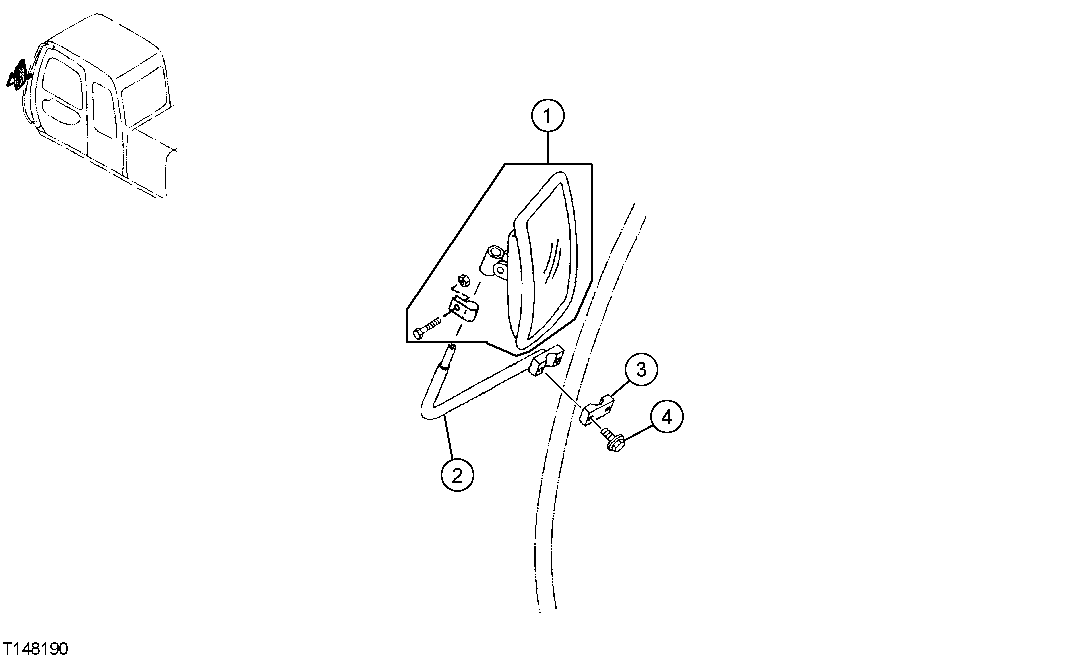 Схема запчастей John Deere 554 - 446 - REAR VIEW MIRROR AND MOUNTING BRACKET (LEFT, CAB SIDE) 2000 SAFETY, CONVENIENCE AND MISCELLANEOUS