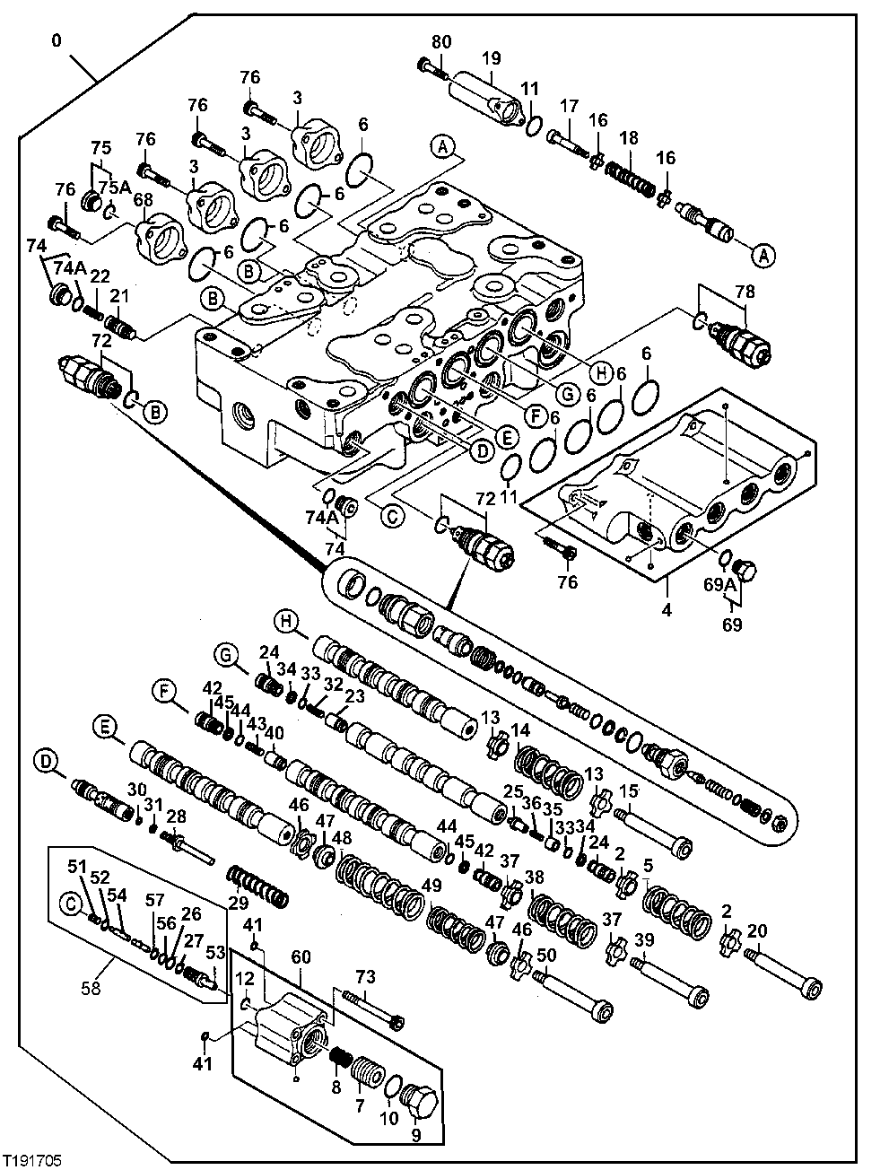 Схема запчастей John Deere 554 - 507 - CONTROL VALVE SPOOLS, SEALS AND COVER (FOUR SPOOL SIDE) (CONTINUED) 3360 HYDRAULIC SYSTEM