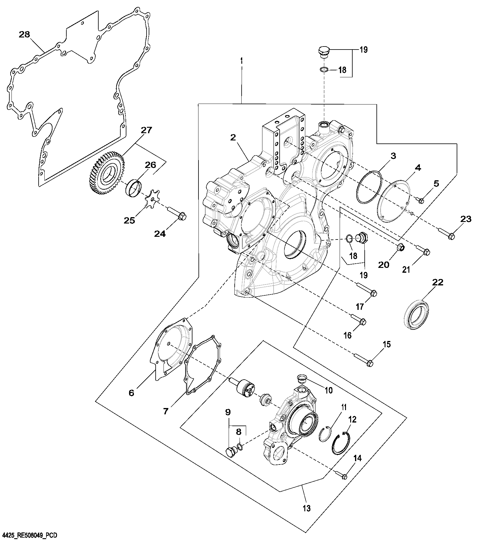 Схема запчастей John Deere 7C ZTS - 115 - 4425 Timing Gear Cover 0400B 270C LC EXCAVATOR 6068HT055-RE507964 6068HT055