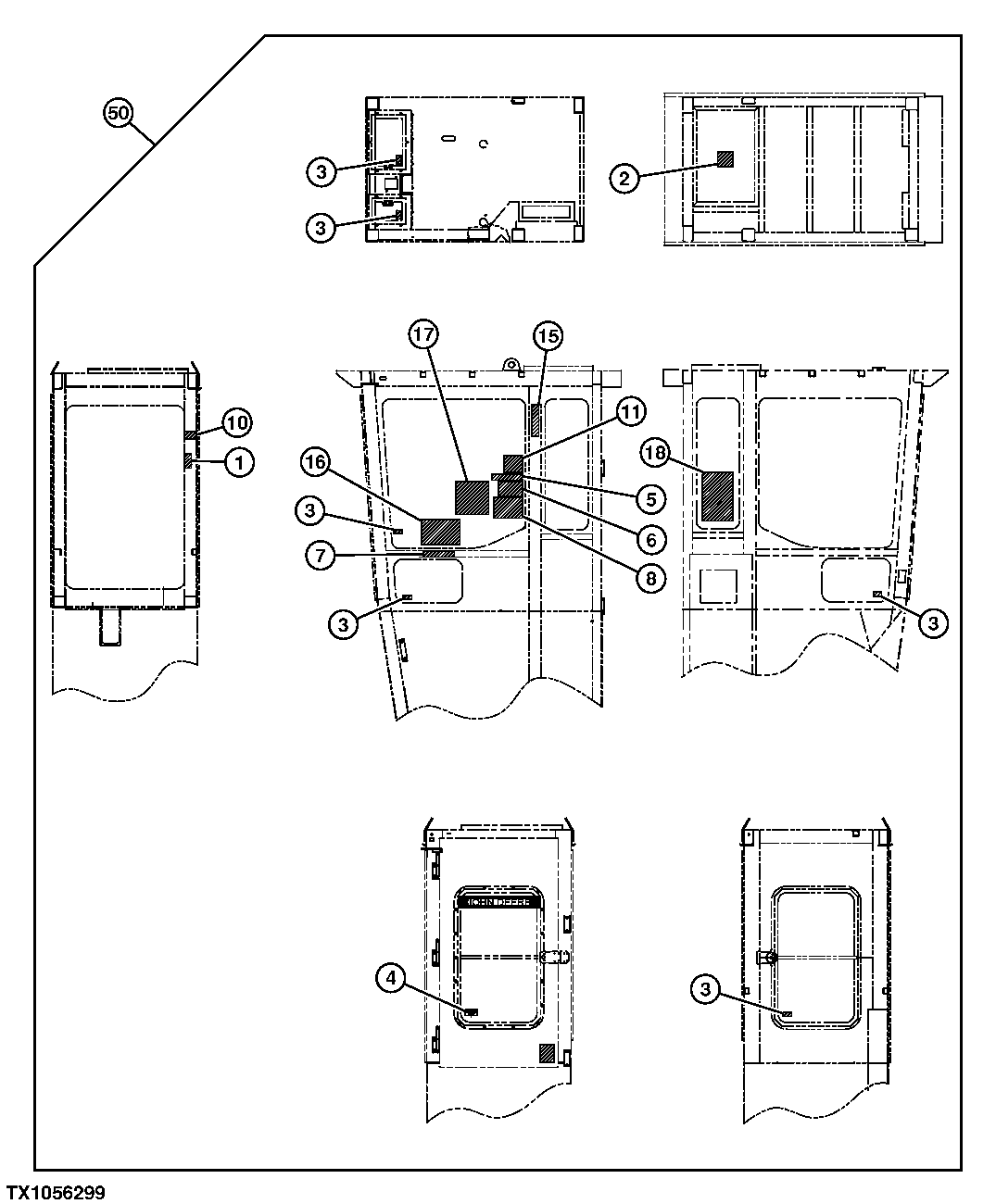 Схема запчастей John Deere 7C ZTS - 247 - REAR ENTRY CAB LABELS AND DECALS (PORTUGUESE) 1322 DECALS & TRADEMARKS