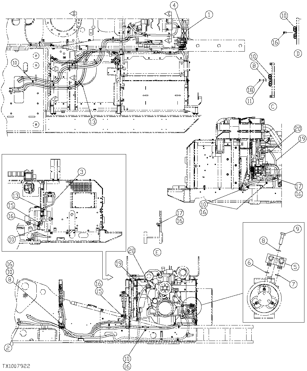 Схема запчастей John Deere 7C ZTS - 355 - AIR CONDITIONING HOSES AND MOUNTING CLAMPS (WITH POWER CONDENSER) 1830 HEATING & AIR CONDITIONING