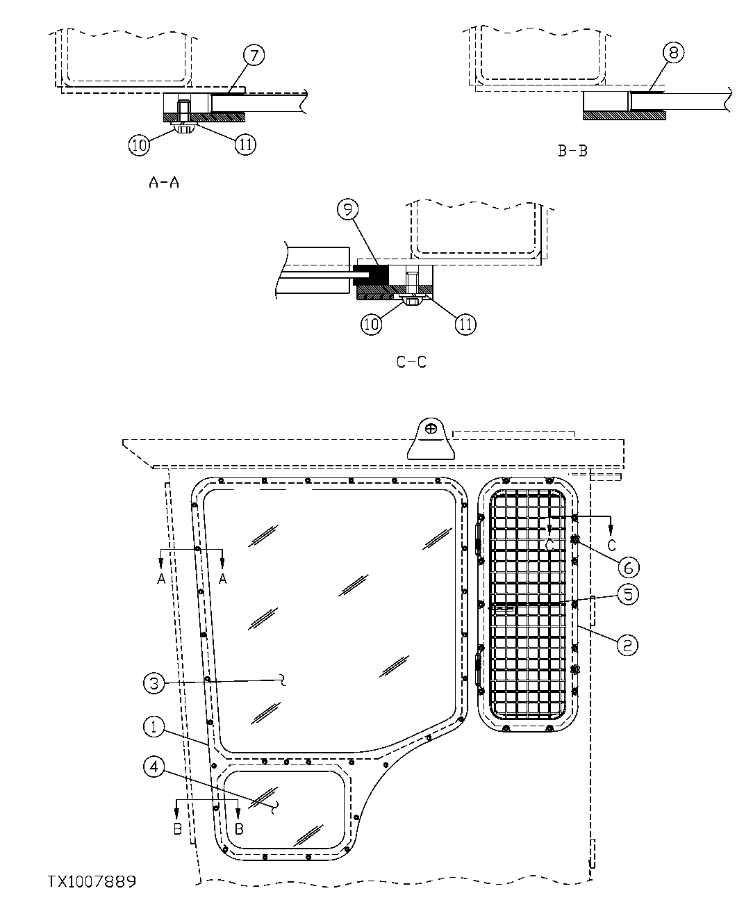 Схема запчастей John Deere 7C ZTS - 424 - REAR ENTRY CAB LEFT SIDE WINDOWS (OSHA) 1810C REAR ENTRY CAB