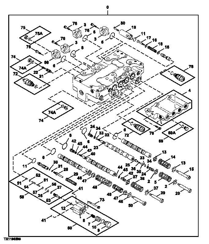 Схема запчастей John Deere 7C ZTS - 489 - Control Valve Components (4-Spool) 2160 VEHICLE HYDRAULICS
