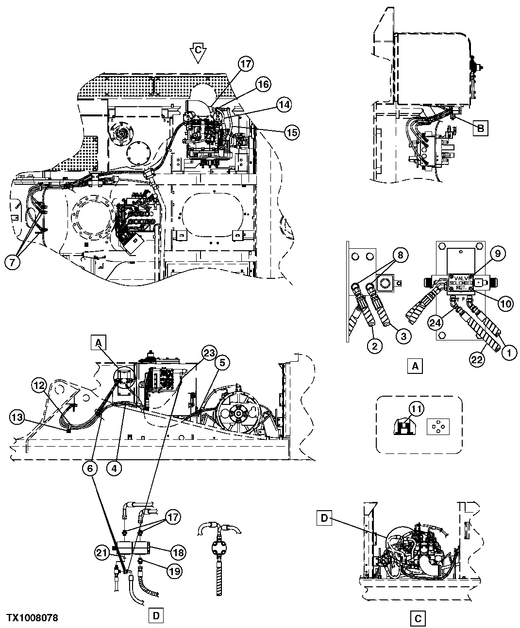 Схема запчастей John Deere 7C ZTS - 603 - HEELER GRAPPLE ROTATE HOSES AND SOLENOID VALVE 3363 LINES, HOSES & FITTINGS
