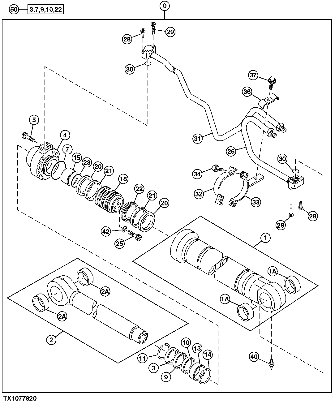 Схема запчастей John Deere 7C ZTS - 624 - Left Boom Cylinder Components, 230CLC Front, Units Built Before August 2003 3365 Hydraulic Cylinders