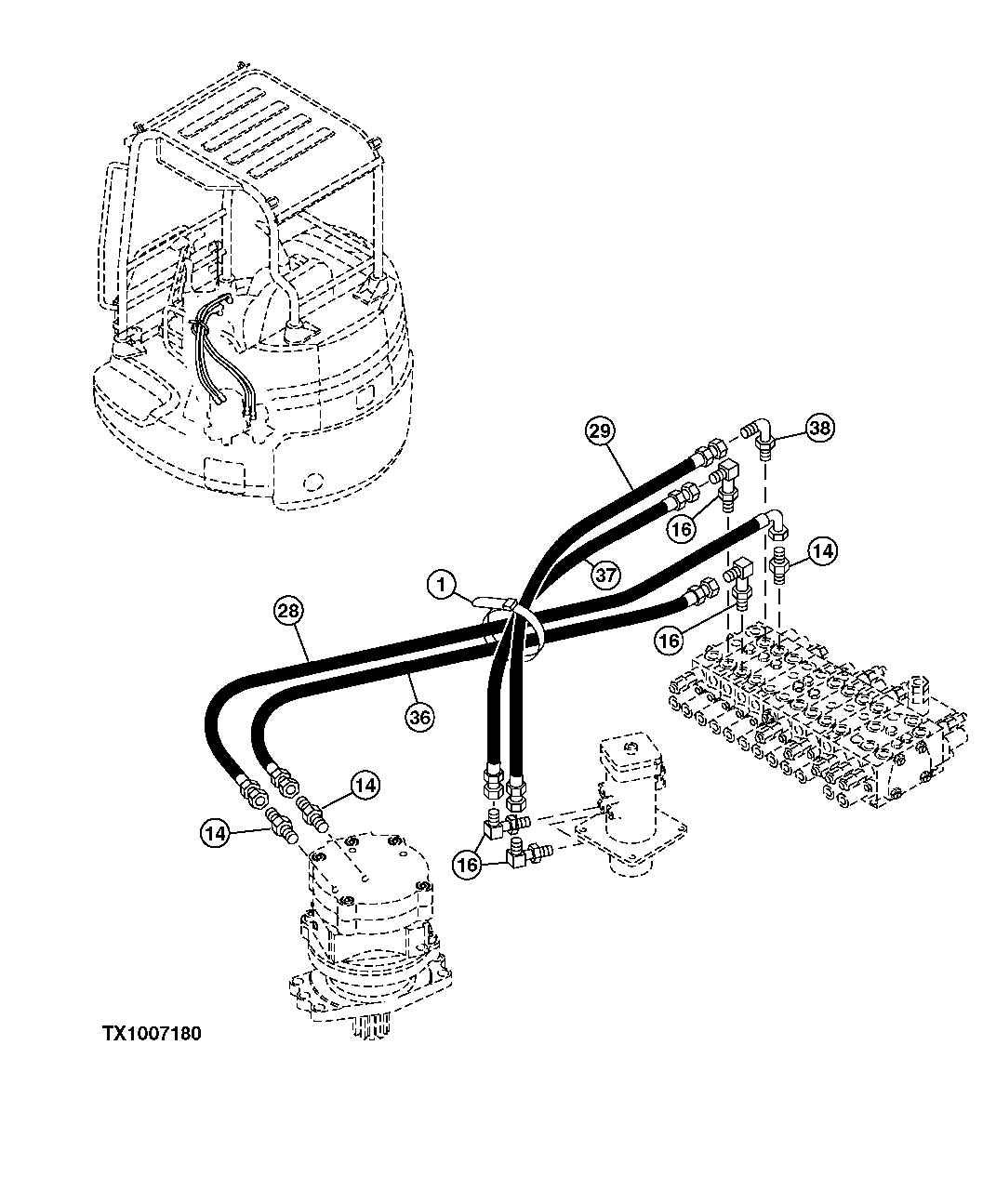 Схема запчастей John Deere 5C ZTS - 112 - SWING MOTOR, GEARBOX, ROTARY MANIFOLD AND CONTROL VALVE HOSES (SN -221163) ( - 221163) 2163 HYD LINES & HOSES