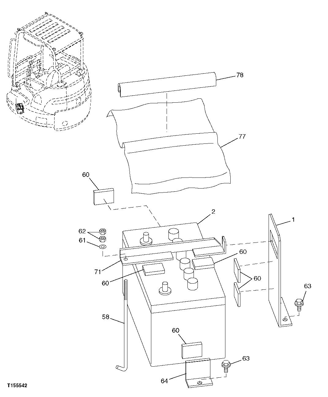 Схема запчастей John Deere 0C ZTS - 59 - BATTERY AND MOUNTING HARDWARE 1671 BATTERIES, SUPPORT & CABLES