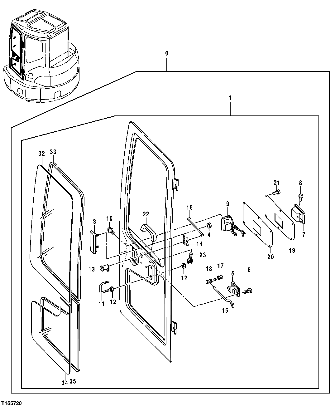 Схема запчастей John Deere 0C ZTS - 81 - Cab Components (Door) 1813 Body Sides, Doors, Shields And Glazing