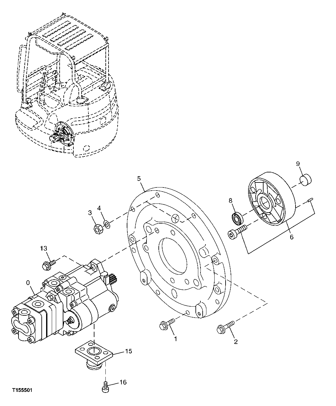 Схема запчастей John Deere 0C ZTS - 106 - HYDRAULIC PUMP AND PUMP SUPPORT (COMPLETE) 2161 Hyd Pumps & Drives