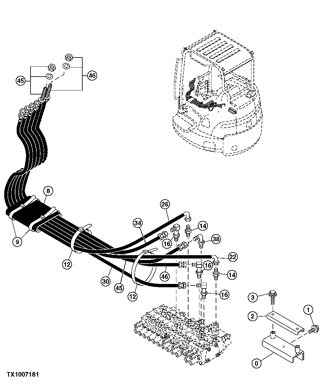 Схема запчастей John Deere 0C ZTS - 111 - MAIN CONTROL VALVE HOSES 2163 HYD LINES & HOSES