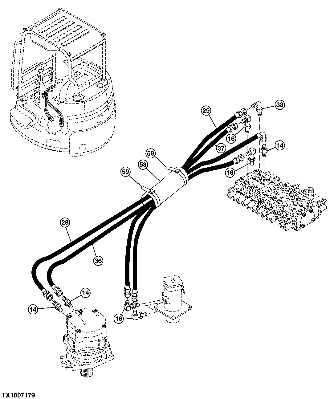 Схема запчастей John Deere 0C ZTS - 113 - SWING MOTOR, GEARBOX, ROTARY MANIFOLD AND CONTROL VALVE HOSES (SN 005218- ) (005218 - ) 2163 HYD LINES & HOSES