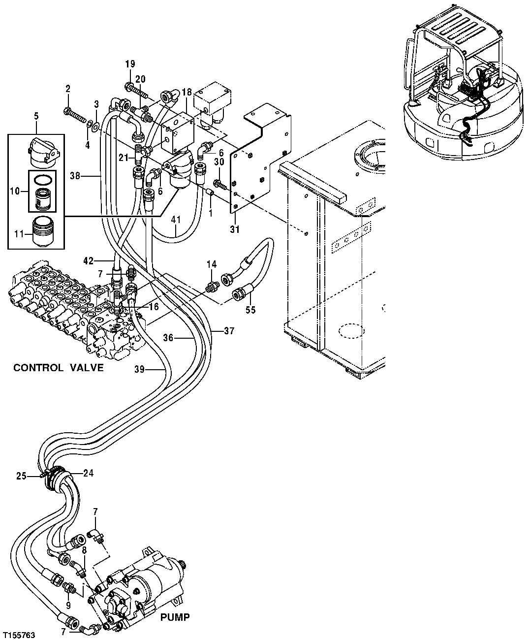 Схема запчастей John Deere 554 - 181 - PILOT LINES (PUMP, CONTROL VALVE AND FILTER) 3360 HYDRAULIC SYSTEM
