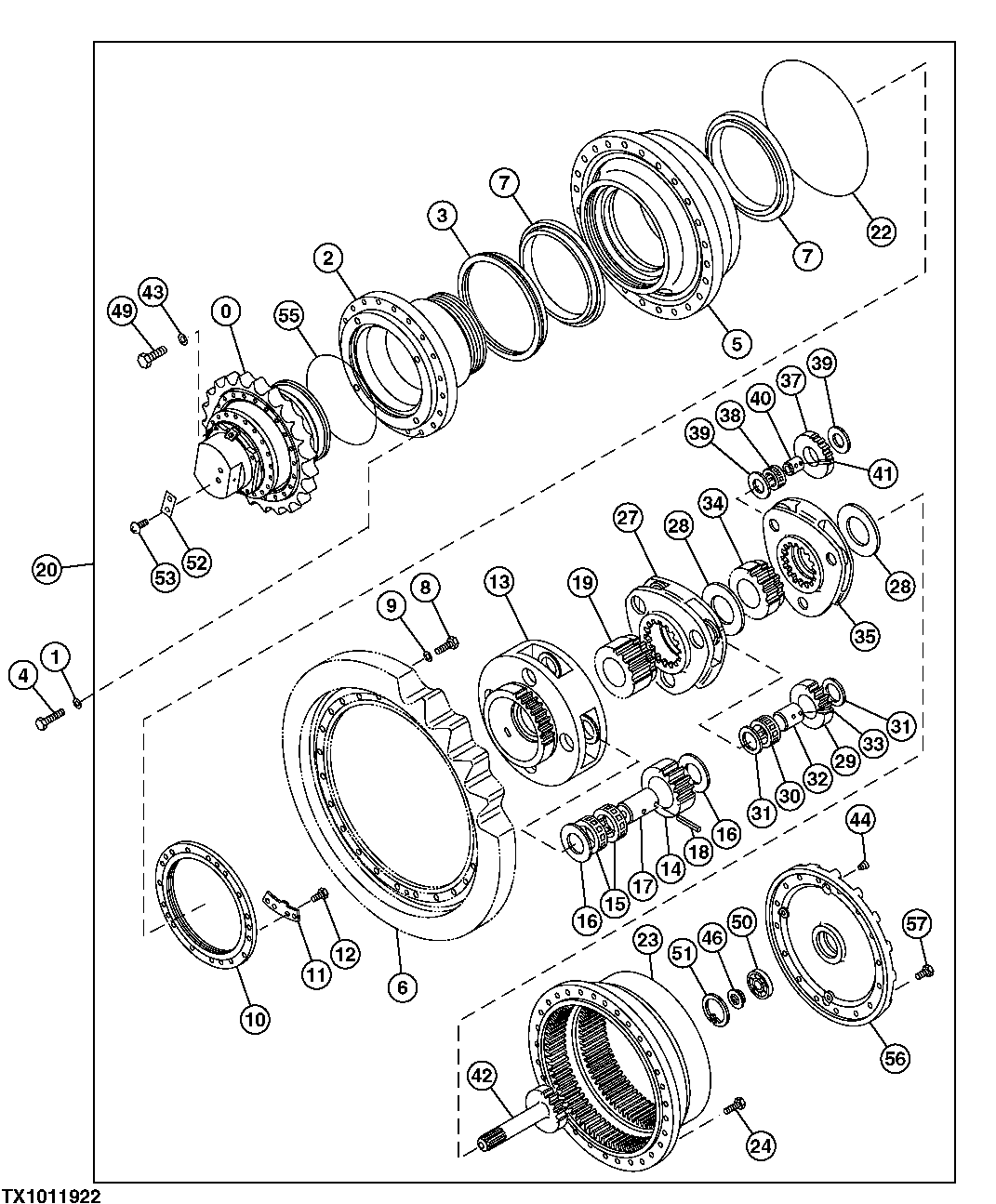 Схема запчастей John Deere 35C RTS - 34 - Propel Gear Box Components (High Drawbar) (Used With Build Codes 3045 and 3055) 0260 AXLES, DIFF. & SUSP. SYS. HYD. (INCL. FWD)