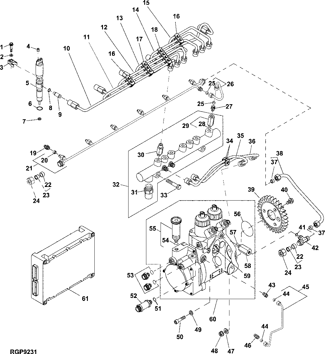 Схема запчастей John Deere 35C RTS - 62 - 16BS, 1613 FUEL INJECTION PUMP,FUEL INJECTION NOZZLE AND LINES 0400A 6081HT002 6081HT002 6081HT002