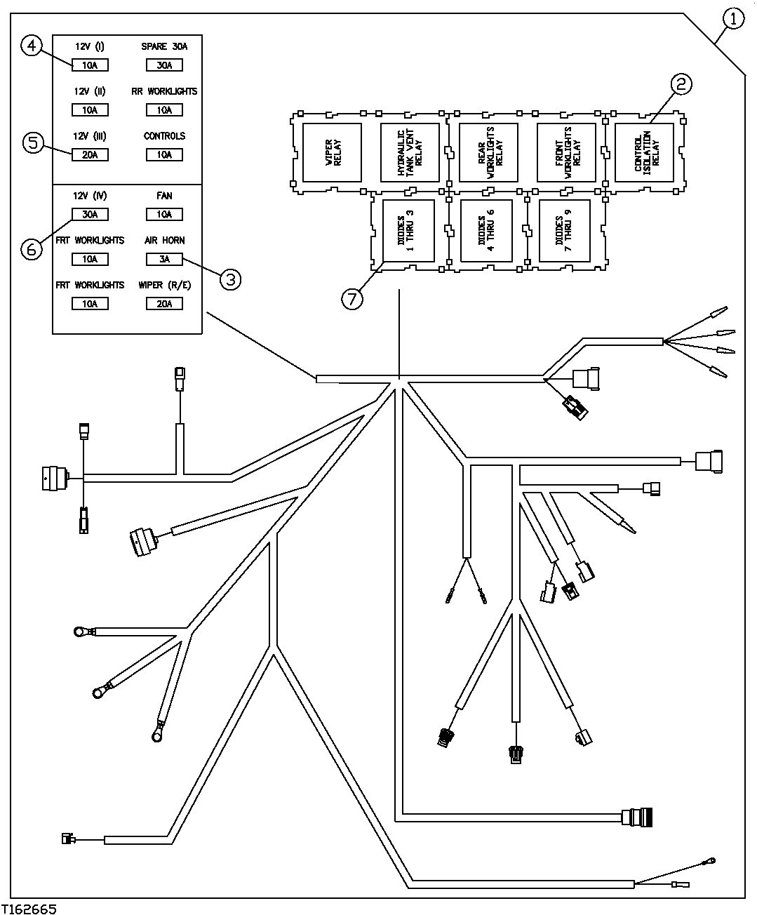 Схема запчастей John Deere 35C RTS - 262 - VALVE IN HEAD CONTROL WIRING HARNESS COMPONENTS 1674C REAR ENTRY CAB WIRING HARNESS AND SWITCHES