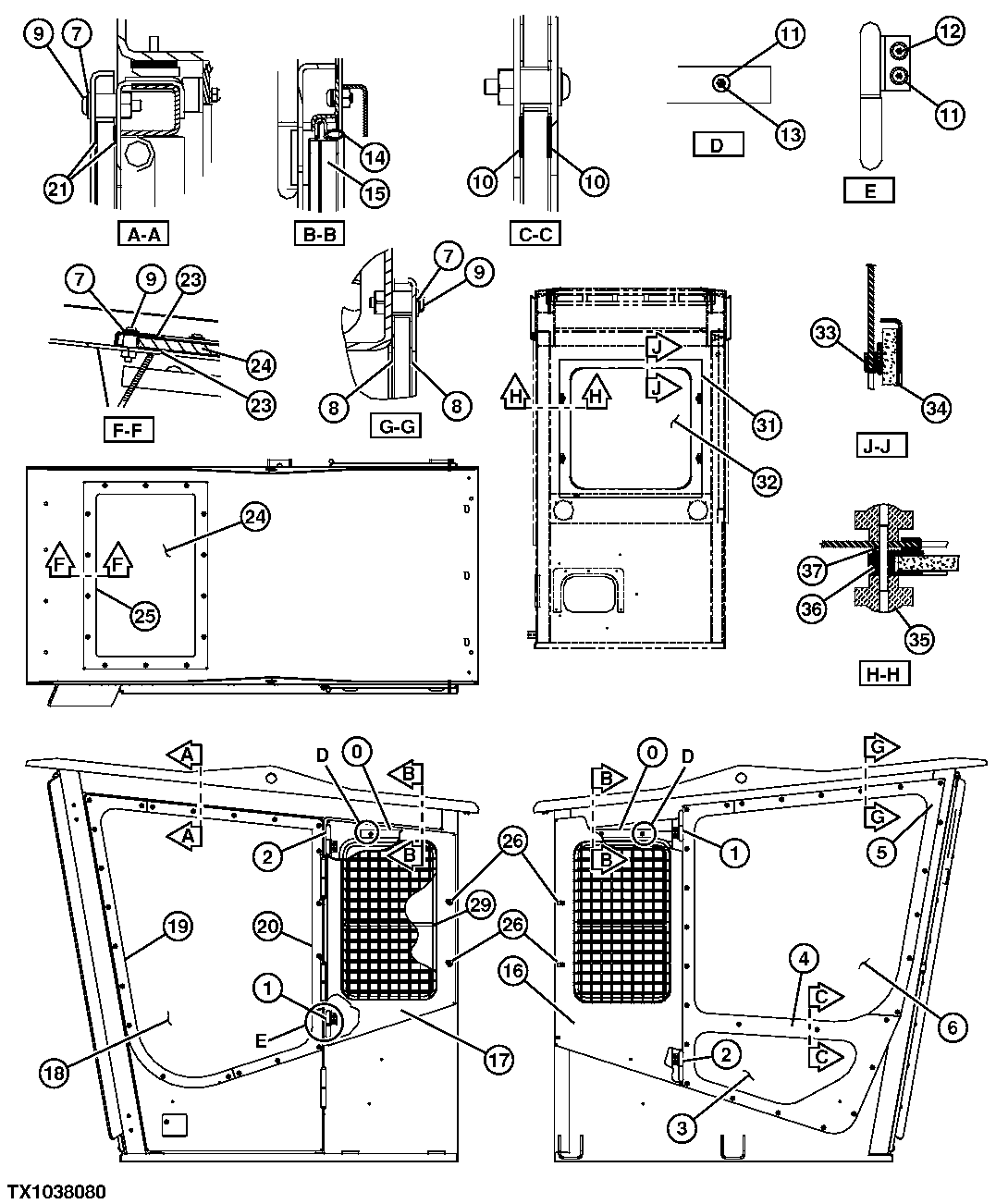 Схема запчастей John Deere 35C RTS - 327 - SIDE ENTRY CAB WINDOWS AND GUARD (S.N. 350076- ) 1810B SIDE ENTRY CAB