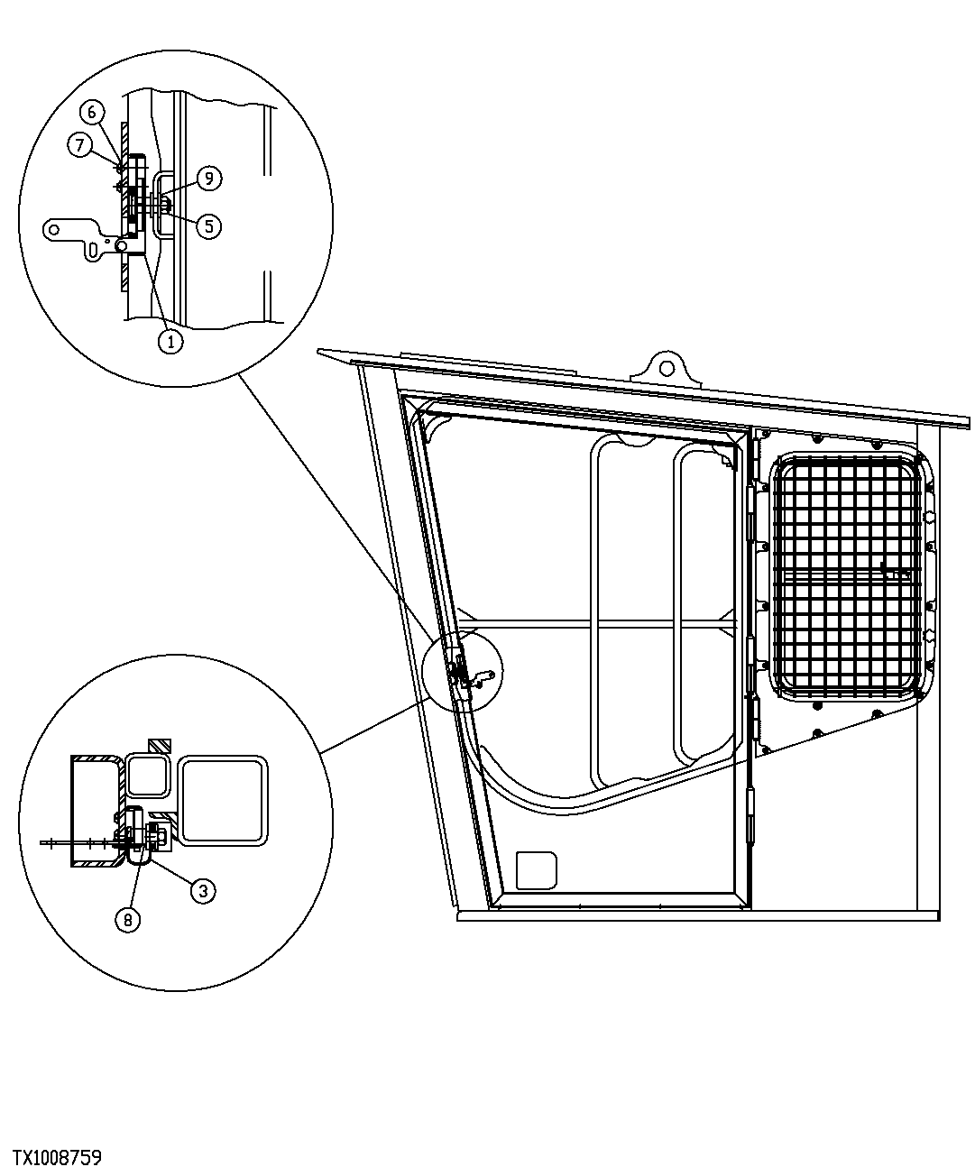 Схема запчастей John Deere 35C RTS - 333 - SIDE ENTRY CAB DOOR LATCH (SN 350059-350075) 1810B SIDE ENTRY CAB