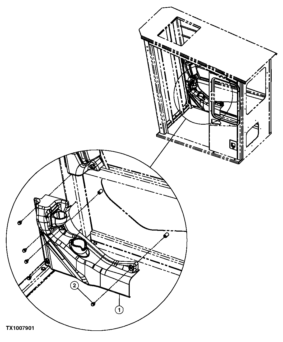 Схема запчастей John Deere 35C RTS - 353 - SIDE ENTRY CAB RIGHT FRONT AIR DUCT COVER 1830B SIDE ENTRY CAB HEATING AND AIR CONDITIONING